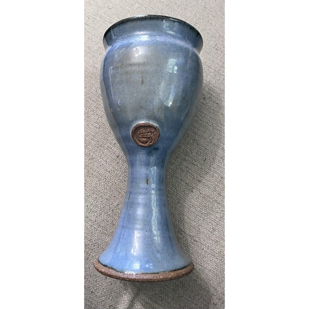 Garry Studio Art Pottery Blue Glazed Chalice Goblet Handmade Cup 7.5 Inches